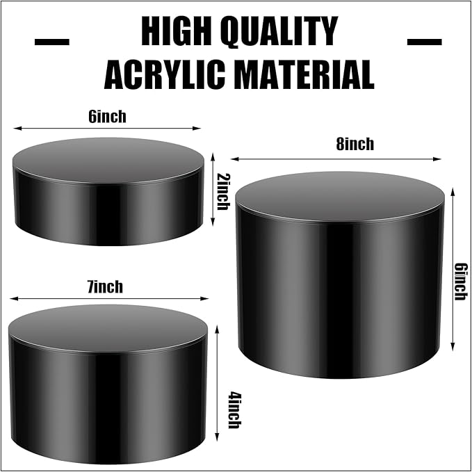 Weysat 3 Pcs Acrylic Risers for Display Stands, Round Cake Dessert Stand 3 Sizes, 6"x2", 7"x4", 8"x6", Food Risers Cylinder Nesting with Hollow Bottom for Wedding Parties Brunch Jewelry Show (Black)