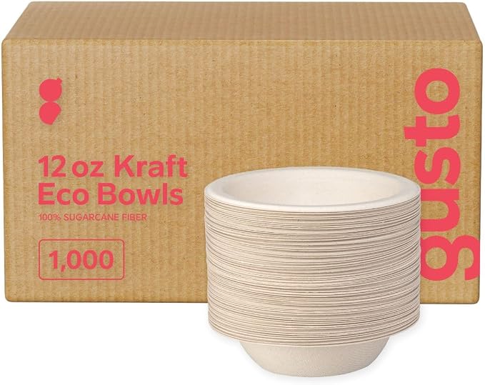 GUSTO [Case of 1,000 12 oz Heavy-Duty 100% Compostable Kraft Paper Soup Bowls – Eco-Friendly Disposable Sugarcane- Brown Unbleached by GUSTO