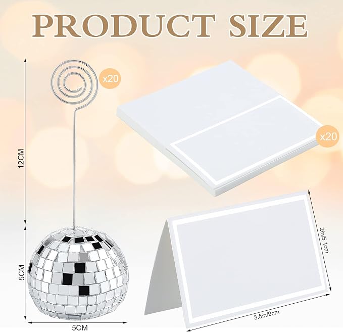 Maitys 20 Set Disco Ball Table Number Holders Silver,60pcs/20 Set,2 Inch | Swirl Wire Clips for Place Cards, Name Tags, Photo Stand, Wedding Bachelorette Party Decor, Includes 40 Blanks for Guests - Image 3