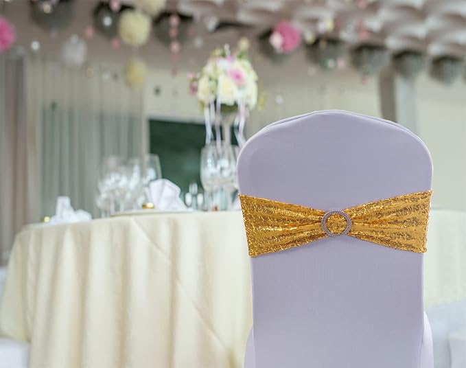 All Sequin Gold Chair Sashes 100 Pack, Gold Sequin Chair Sashes Bows for Wedding Party Folding Chair Decoration, Golden Chairs Band with Buckles for Fiesta Event Decorations - Image 6
