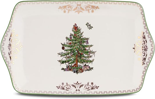 Spode Christmas Tree Gold Dessert Tray - 12" Fine Porcelain Festive Serving Platter with Red Ribbons, Holiday Collectible Dish for Entertaining & Desserts - Winter Holiday Serveware Gift