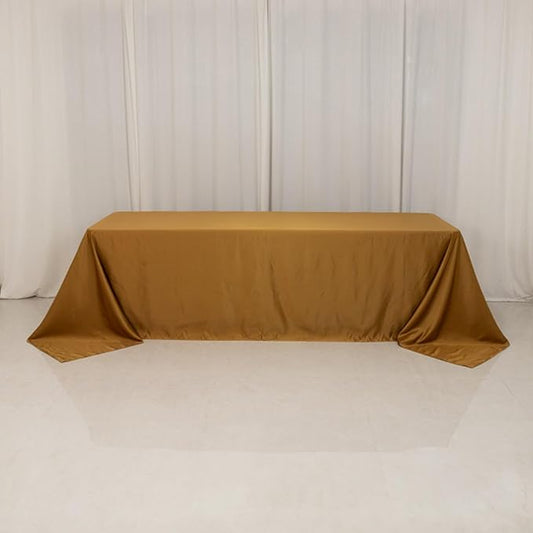 Efavormart Gold Seamless Lamour Satin Rectangle Tablecloth - 90"x156" for 8 Foot Table with Floor-Length Drop