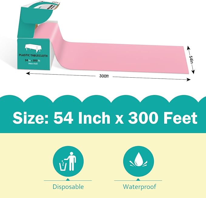 54 Inch x 300 Feet Pink Plastic Tablecloth Roll Disposable Table Cloth with Cutter Box Plastic Table Cover for Party - Image 2