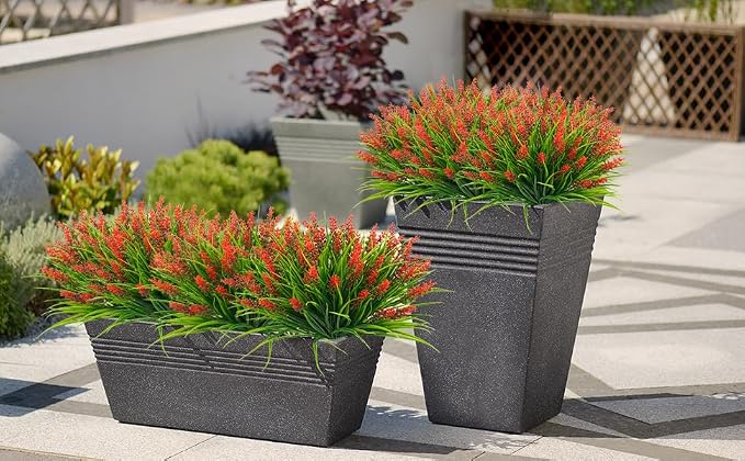 obbsie 12 Bundles Artificial Plants Outdoor, 18.2" UV Resistant Faux Monkey Grass Greenery Stems No Fade Faux Plastic Flowers Shrubs for Home Weddings Garden Porch Front Patio Office Decor - Red - Image 2