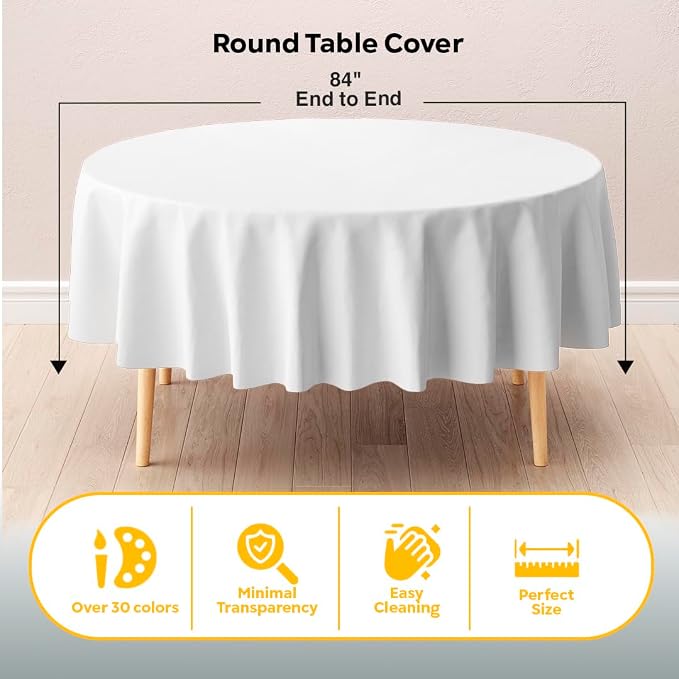 Exquisite White Round Tablecloth 84" - 48 Pack | Plastic Tablecloth, Disposable Table Covers Round for Parties, Weddings, Holidays & Party Supplies - Image 2