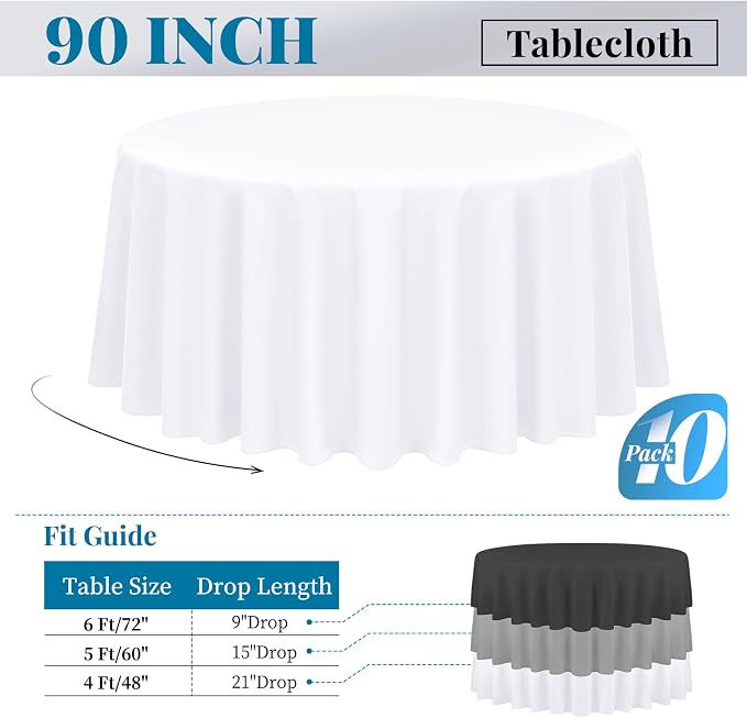 fani 10 Packs White Round Tablecloth - 90 Inch, Polyester | Table Cloth for Round Tables, Washable Fabric, TableCovers for Wedding, Party, Banquet, Dining Tables, Camping - Image 2