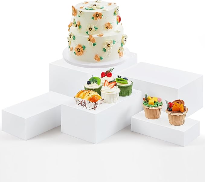 Sintuff 5 Pcs Buffet Risers and Display Stand 8" 9" 10" 11" 12" Large Acrylic Dessert Cupcake Table Stand Set White Food Display Cube for Jewelry Figure Show Decor Box Nesting Riser with Hollow Bottom by Sintuff