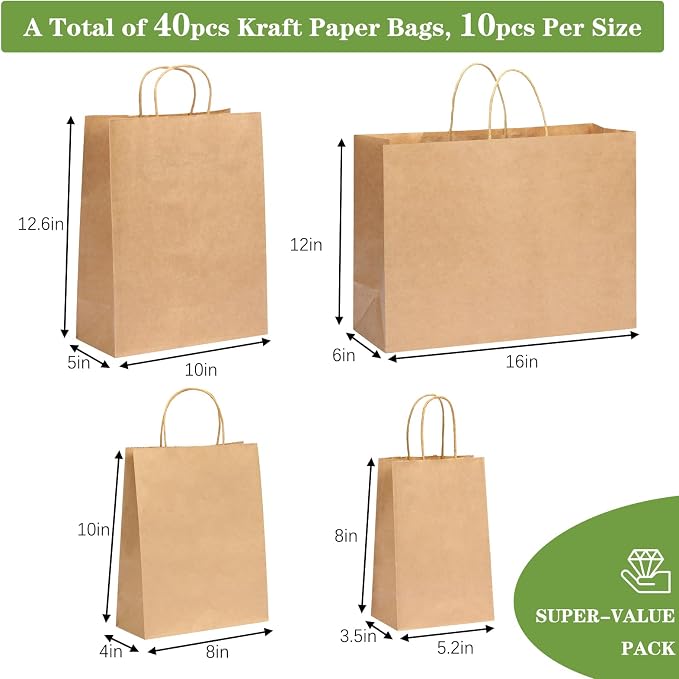 OUTUXED 40pcs Paper Bags with Handles Brown Kraft Paper Bags Assorted Sizes | Assorted Sizes (8/10/12.6/16 Inches) Paper Bags with Handles Bulk for Gift, Business, Retail, Shopping, Party Favors - Image 2