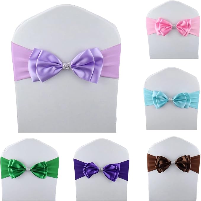 100 PCS Double Bows Stretch Chair Sashes, for Wedding Party Chair Cover Decoration, Spandex Stretch Chairs Bands (Pack of 100 Light Purple) - Image 2