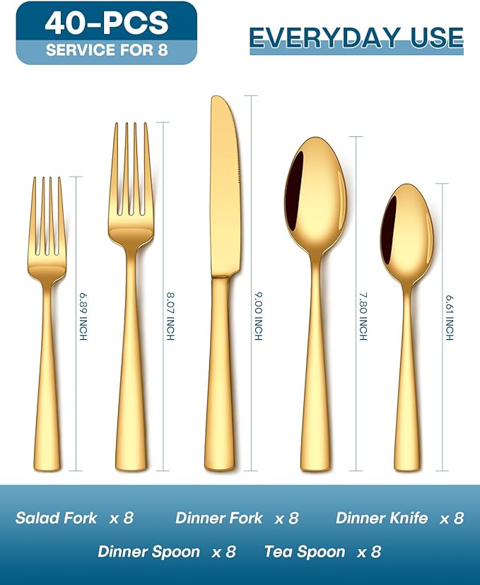 Stapava 40 Pcs Gold Silverware Set, Food-Grade Stainless Steel Flatware Sets for 8 Mirror Polished Cutlery Utensil Sets Include Dinner Knives Spoons and Forks Set Dishwasher Safe for Home Restaurant
