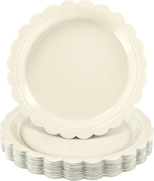 30 Pcs Ivory Paper Plates 9 Inch Disposable Scalloped Cream Plates Cute Beige Dessert Cake Plate Party Dinner Plate for Baby Shower, Wedding, Bridal Shower