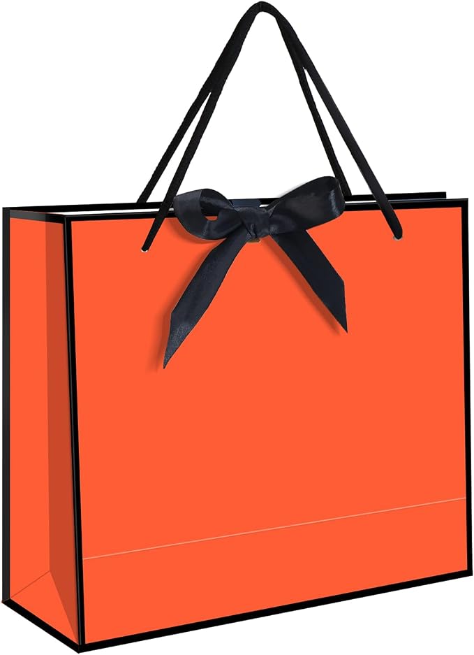 50 Pack Gift Bag with Bow Ribbon Horizontal Paper Gift Bags Bulk for Women Men, Birthday Wedding Bridesmaid Party Favor Shopping Retail Gift Sacks (Orange, 12.6x4.3x10.5 Inch (Pack of 50)) by QLSKO