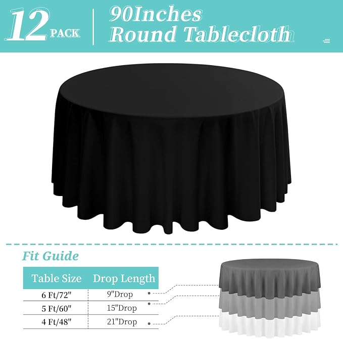 12 Packs 90 Inch Black Round Polyester Tablecloths | Table Cover for Round Tables, Stain and Wrinkle Resistant Washable Table Cloth, Perfect for Wedding Banquet Parties - Image 2