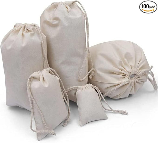 100Pcs 8 x 12 Inches Premium Cotton Muslin Double Drawstring Bags, Reusable Bag Natural Cotton Bags with Drawstring Produce Bags Bulk Gift Bag Jewelry Pouch for Party Wedding Home Storage by BIGLOTBAGS