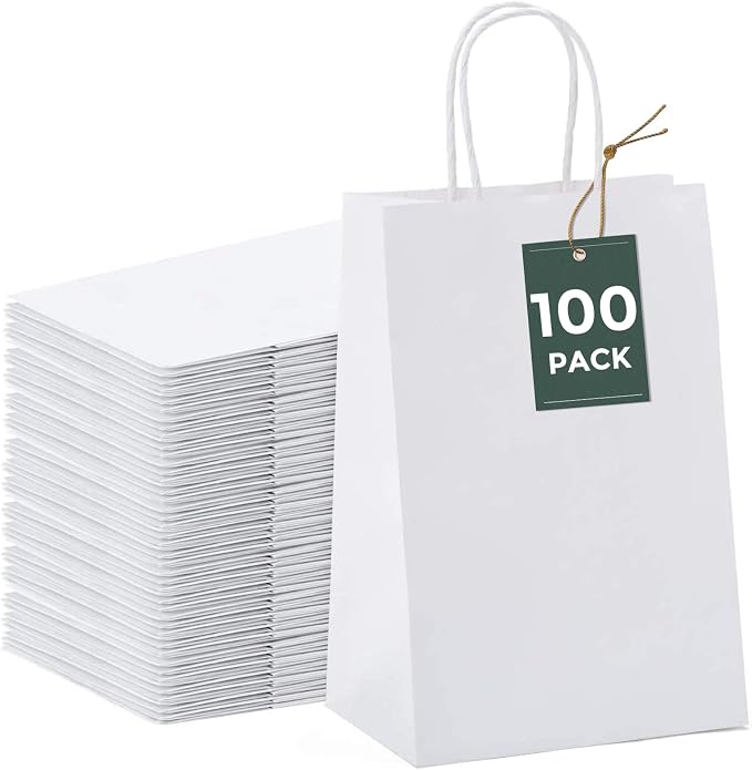 GSSUSA 100 Pack White Paper Bags with Handles, Small Gift Bags 5.25x3.75x8 | Sturdy Kraft Goodie Bags for Shopping, Retail, Wedding, Party Favors, Birthday Gifts, Boutique, Crafts, and Small Business. by GSSUSA
