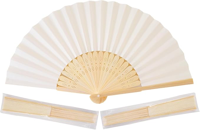 50pcs Cream-Coloured Paper Hand Fan Bamboo Folding fan Handheld Paper Fan | Paper Folded Fan for Wedding Party and Home Decoration by SEPWEDD