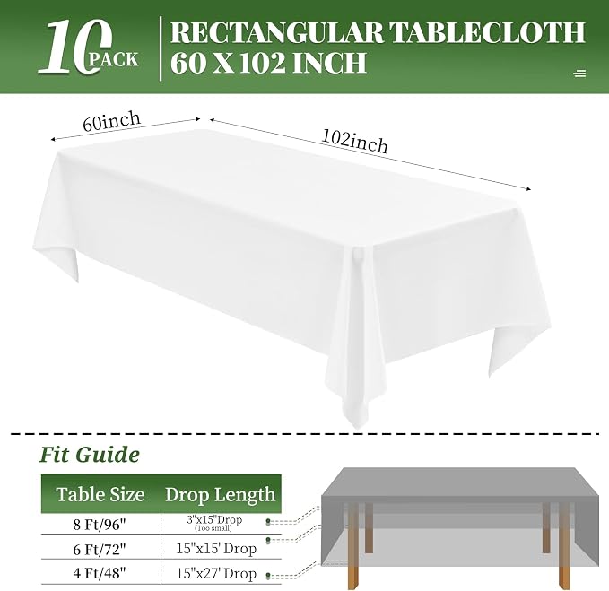 10 Pack White Tablecloths for 6 Foot Rectangle Tables 60 x 102 Inch White Table Cloth Rectangle Tables 6ft Tablecloth Linen Polyester Fabric Washable White Table Cloths for Parties Wedding Banquet - Image 2