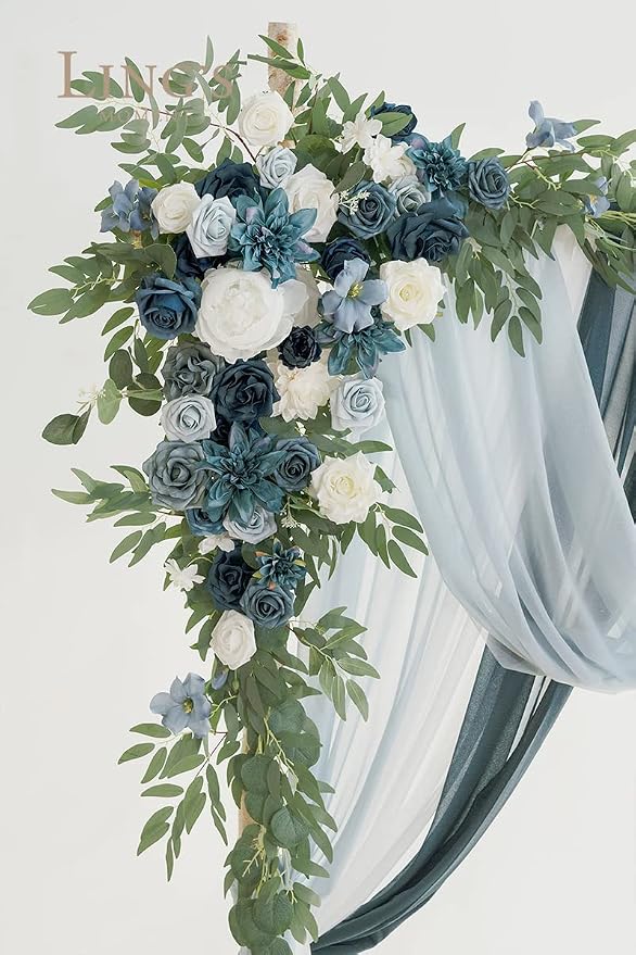 Ling's moment Wedding Arch Flowers, Dusty Blue and Navy, 5-Piece | Artificial Floral Arrangements, Includes Sheer Drapes, 2 Flower Stems + 3 Hanging Drapes, Ceremony Backdrop Decor - Image 4