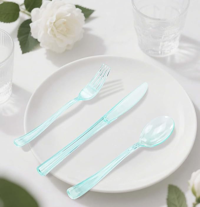 HEIPINIUYE 75 Pack Light Green Clear Plastic Cutlery Heavy Duty Clear Green Plastic Knives Forks and Spoons Disposable Silverware Set for 25 Guest Camping Birthday Baby Shower Party Utensil Set