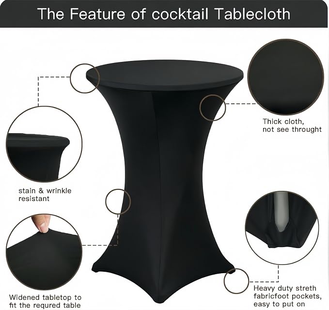5 Pack High Top Cocktail Table Covers Black 32x43 Inch Fitted Stretch Round Cocktail Table Tablecloths Spandex Round High Top Table Cloths for Bar Party Wedding Banquet Event - Image 4