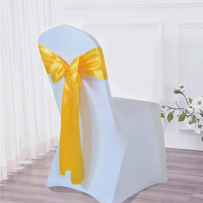 Dimatic 50 PCS Satin Chair Sashes Bows Chair Back Tie Bands for Wedding Banquet Events Reception Supplies Party Decoration Chair Cover sash (Yellow) - Image 3