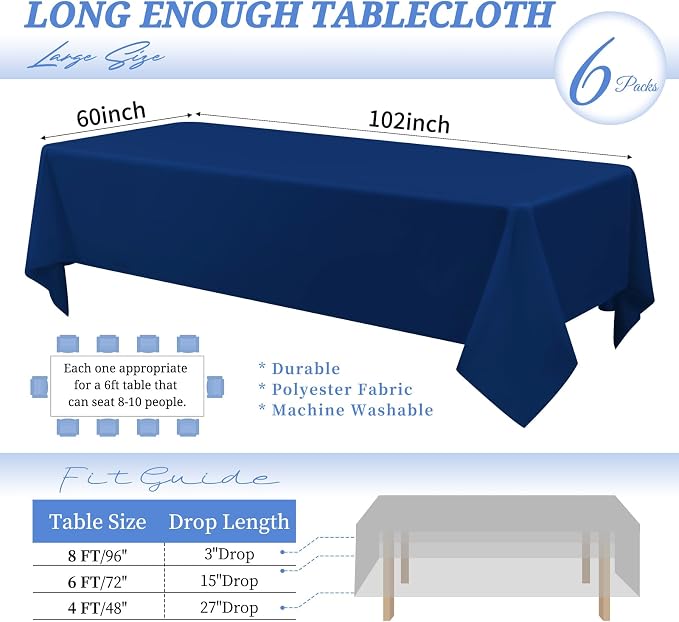 6 Pack Tablecloth 60 x 102 inch Polyester Table Cloth for 6 Foot Rectangle Tables,Stain and Wrinkle Resistant Washable Fabric Table Covers Polyester Navy Blue Table Clothes for Wedding,Party,Banquet - Image 2