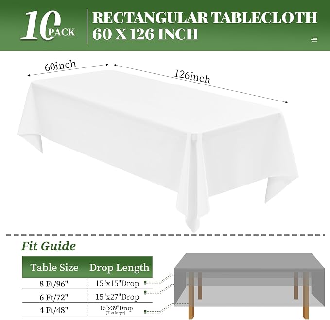 10 Pack White Tablecloth 60x126 Inch White Table Clothes for 8 Foot Rectangle Tables Stain and Wrinkle Resistant Washable Polyester Fabric White Table Cloth for Parties Wedding Banquet Dining - Image 2