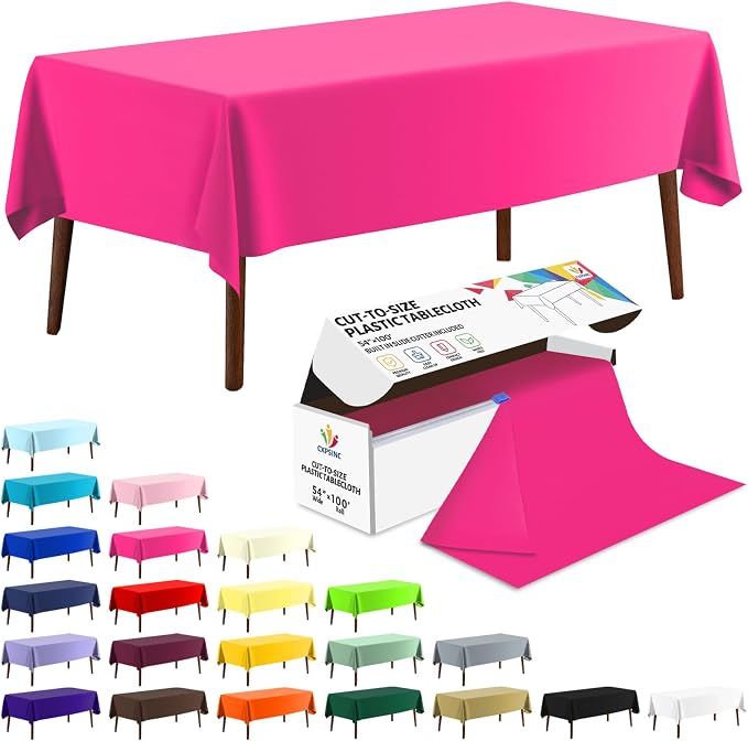 CXPSINC 54 Inch X 100 Feet Plastic Table Cover Roll Disposable Tablecloth with Slide Cutter for All Type/Shape Tables | Party, Banquet, Birthdays, Weddings(Fuchsia, 100 Feet) by CXPSINC