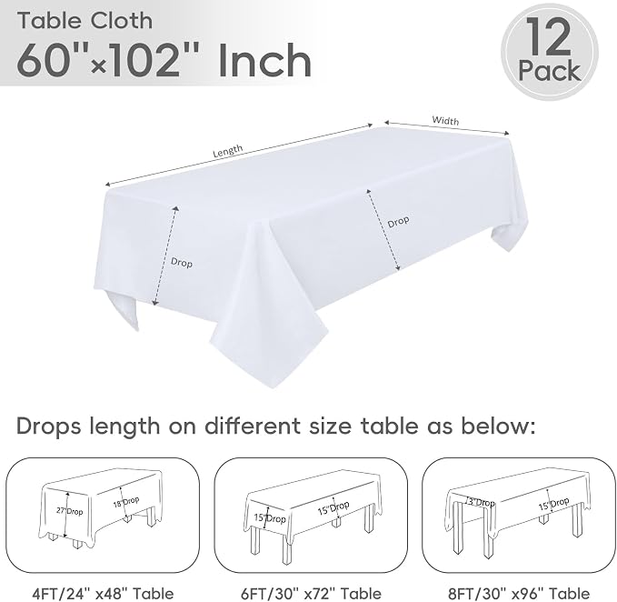 12 Pack White Rectangle Table Cloth 60 x 102 Inch For 6 Foot Tables | Wrinkle Resistant Tablecloth, Washable Polyester Fabric, Rectangular Tablecloth for Wedding Party Banquet Buffet - Image 3