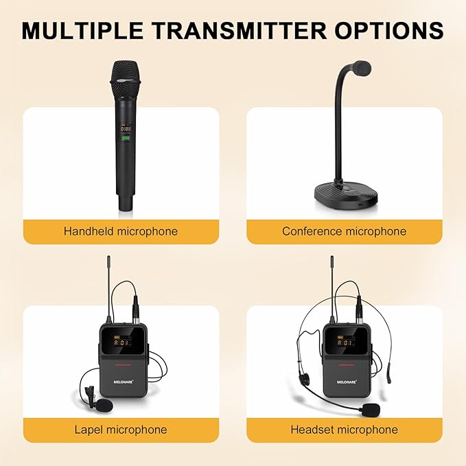 4-Channel Wireless Microphone System,UHF Compact Cordless Mic Set w/ 4x10 Frequencies, 200ft Range, 4 Bodypacks & Headset/Lapel Microphones for Singing, Church, Conference (MWM-41-4B)