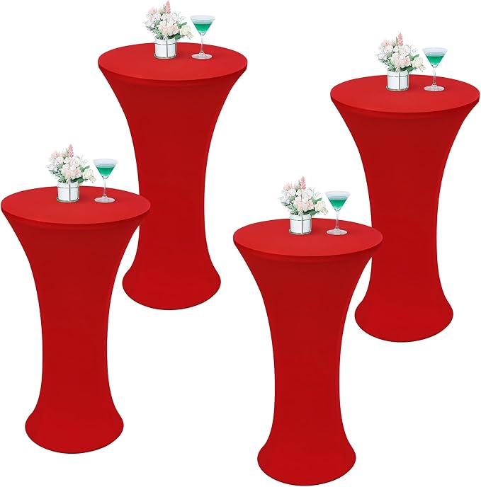 Wolkemer 4PCS 24x43 Inch Fitted Cocktail Tablecloth, Cocktail Table Cover | Red Round Cocktail Table Cloth, Highboy Stretch Spandex Table Cover for Bar Party Pub Wedding Banquet Indoor Outdoor by Wolkemer