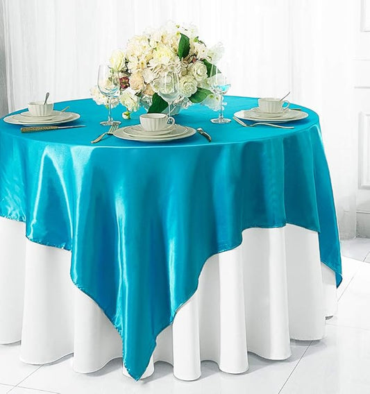 (2 PCS 54" Square Satin Table Overlays Toppers Tablecloths Table Overlay Cover Linens for Wedding Decoration Party Banquet Events - Turquoise