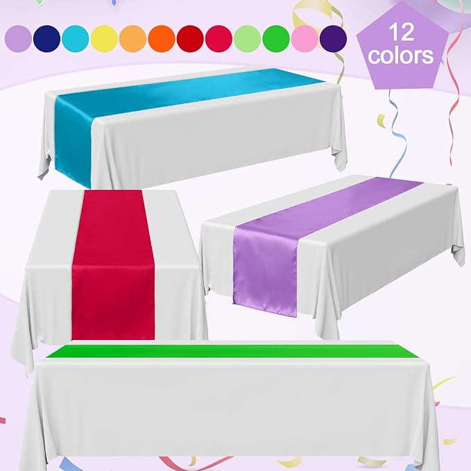 Kinlop 24 Pcs 12 Pcs Satin Colorful Table Runners 12" x 108", Bright Color | Silk-Like Vibrant Rainbow Table Runner for Party Chair Sashes Wedding Banquet Graduations Prom Birthday Reception Decor - Image 3