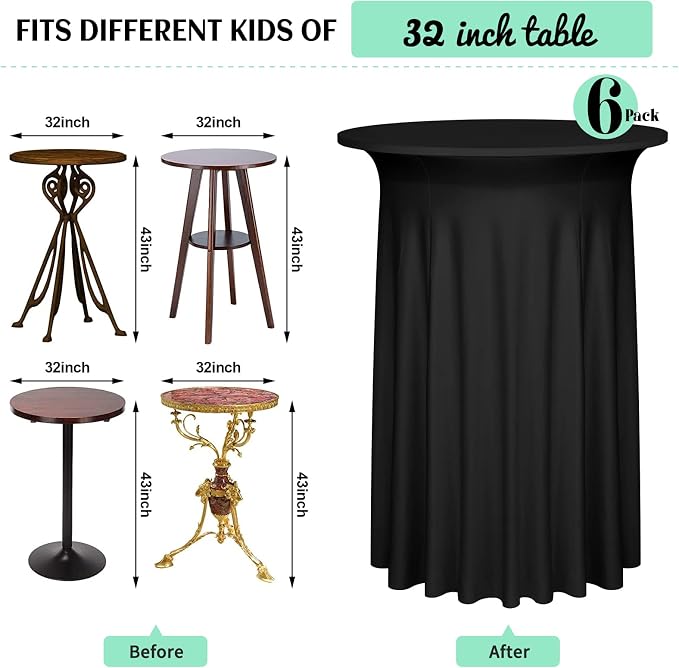 6 Pack Cocktail Stretch Table Skirt, Black, 32 x 43 inch - Image 3