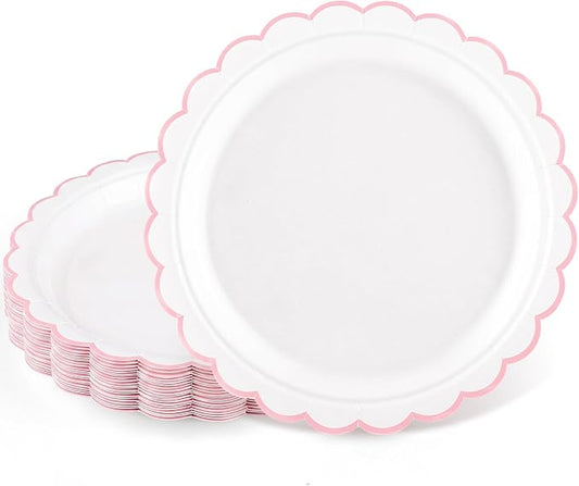 NatNarr 30 Pk Pink Paper Plates 7" Scalloped Pink White Dessert Cake Plates | Cute Small Pink Appetizer Plates for Girls Birthday, Baby Bridal Shower, Wedding, Water&Oil Resistant by NatNarr