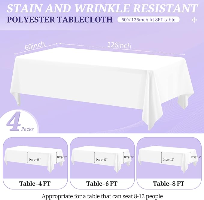 4 Pack White Tablecloths for 8ft Tables-60 x 126 Inch | Polyester Table Cover, Stain and Wrinkle Resistant Washable Fabric Table Cloth, Perfect for Wedding Banquet Parties - Image 2