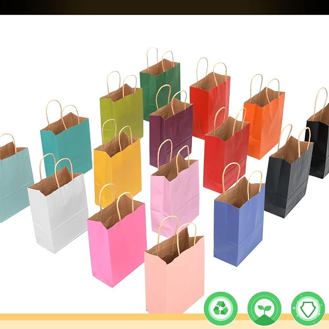 qiqee 400Pcs Medium Size Paper Gift Bags with Handles - 10.6"x8.3"x4.3" Kraft Small Party Bags - 16 Solid Colors - Image 3