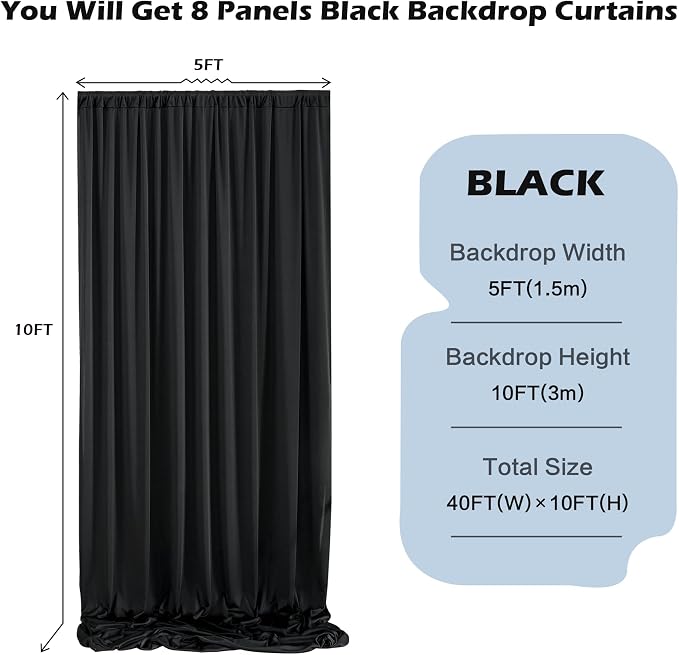 40ft x 10ft Wrinkle Free Black Backdrop Curtain for Parties, 8 Panels Silky Polyester Black Wedding Drapes for Backdrop 10 ft Photo Back Drop Cloth for Birthday Graduation Photography Background - Image 2