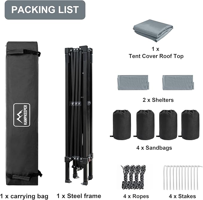 KAMPKEEPER 10x10 Pop-Up Canopy Tent, Waterproof, Portable Shade with Side Walls, Adjustable Instant Outdoor Shelter for Camping, Backyard, and Events, Grey