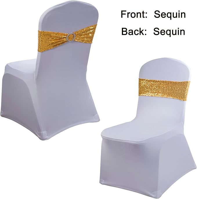 All Sequin Gold Chair Sashes 100 Pack, Gold Sequin Chair Sashes Bows for Wedding Party Folding Chair Decoration, Golden Chairs Band with Buckles for Fiesta Event Decorations - Image 3