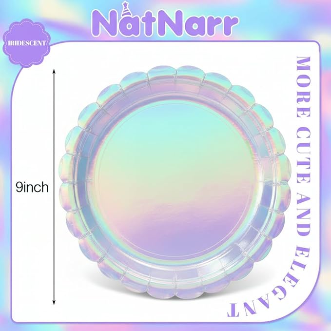 30 Pcs Iridescent Plates Disposable 9 Inch Scalloped Holographic Plates Sliver Birthday Cake Dessert Plate for Mermaid, Disco, Unicorn Birthday