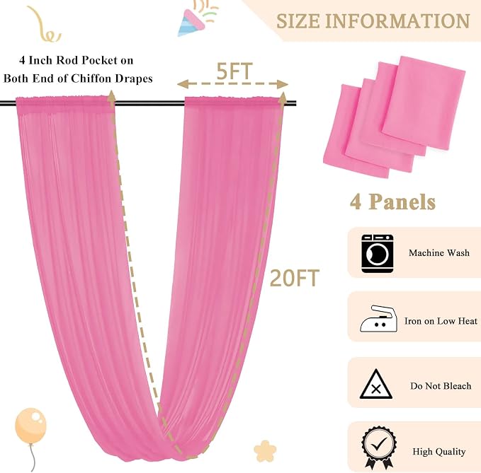 MODFUNS 4 Panels Pink Ceiling Drapes for Weddings 5x20FT Wedding Arch Draping Fabric Sheer Chiffon Curtains for Backdrop Wedding Ceiling Curtain Chiffon Fabric Drapery Wedding Stage Hall Ceiling Decor - Image 2
