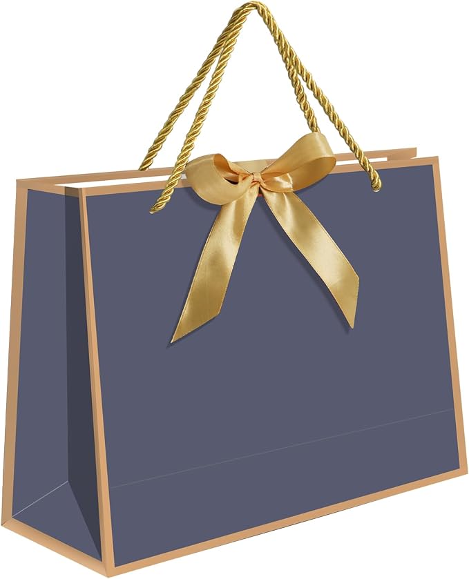 5 | 12 | 25 | 50 Pack Gift Bag with Bow Ribbon Horizontal Paper Gift Bags Bulk for Women Men,with Handles for Birthday Wedding Bridesmaid Party Favor Shopping Retail Gift Sacks (Navy, 11x4x8 Inch (Pack of 5)) by QLSKO
