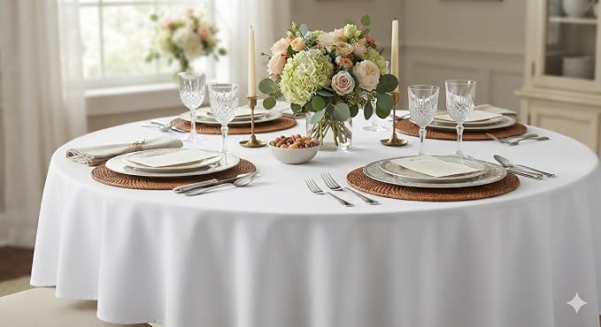 10 Pcs 90 Inch Round Tablecloth, White Polyester Table Cover, Soft, Easy to Iron & Reusable for Dining Room, Wedding, Party, Indoor & Outdoor Use by ZuGeo