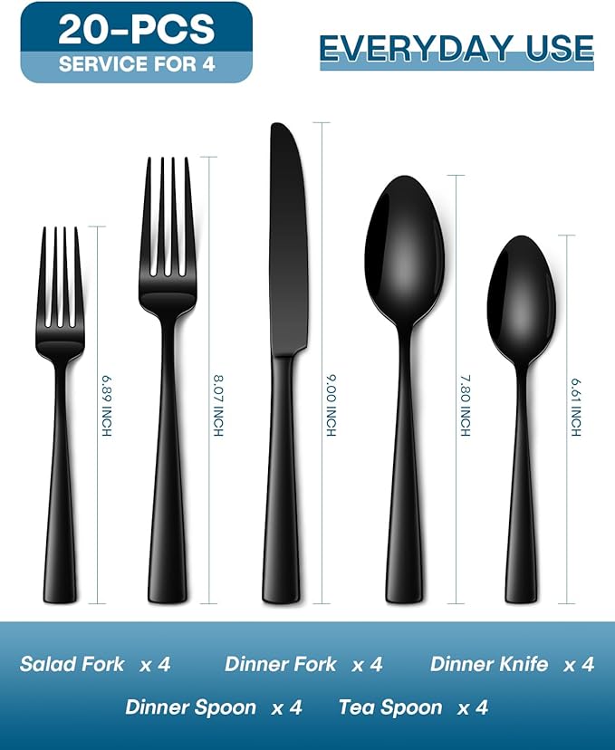 Stapava 20 Pcs Black Silverware Set, Food-Grade Stainless Steel Flatware Set for 4 Mirror Polished Cutlery Utensil Sets Include Dinner Knives Spoons and Forks Set Dishwasher Safe for Home Restaurant