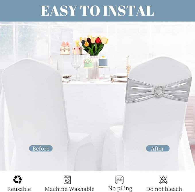 Spandex Chair Sashes Bows 100 PCS Metallic Silver - Image 4