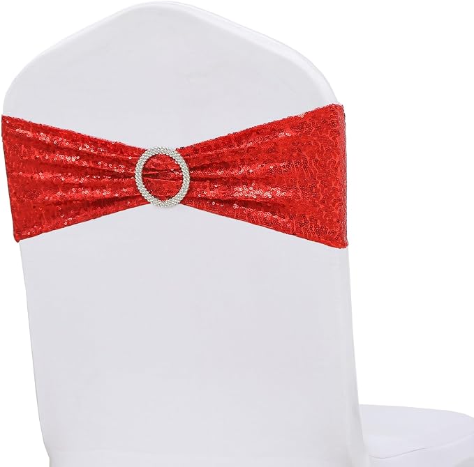 Double-Sided Sequins Red Chair Sashes for Wedding Decor, Red Sequin Chair Bands with Silver Buckles, Sequin Chair Sashes Bows for Party Ceremony Event Chair Decorations - 50 Pack - Image 7
