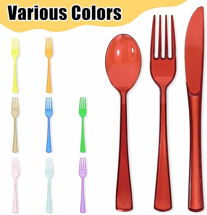 HEIPINIUYE 75 Pack Red Clear Plastic Cutlery Heavy Duty Clear Red Plastic Knives Forks and Spoons Disposable Silverware Set for 25 Guest Birthday Baby Shower Christmas Party Utensil Set