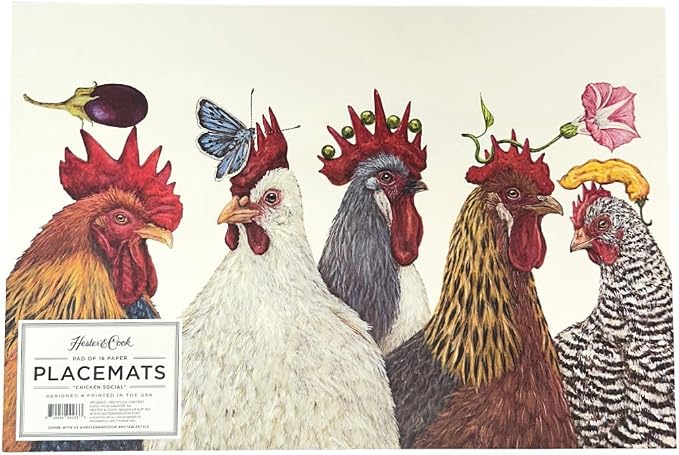 Chicken Paper Placemats for Dining Table - Disposable Square Paper Placemats for Spring Summer Parties - Vicki Sawyer Designed - American Made 18 Sheets per Pad by HesterCook