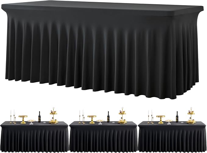 Black Spandex Tablecloth for 6 Foot Rectangle Tables, 3 Pack Fitted Table Cloths 6ft Stretchy Table Clothes Cover Desk Skirt for Parties Weddings Birthday Graduation Banquet by Htper